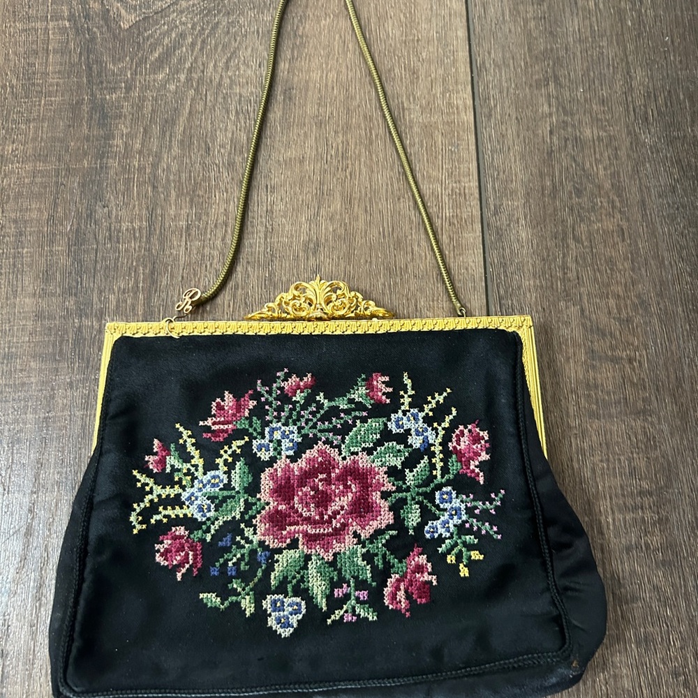 Vintage Petit Point Floral Evening Bag | Black Satin Gold Ornate Frame - Picture 1 of 4